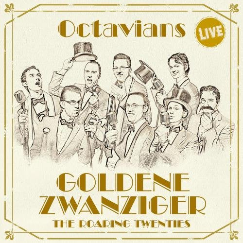 Album cover with sketched men in suits and hats, gold text, and ornate border.