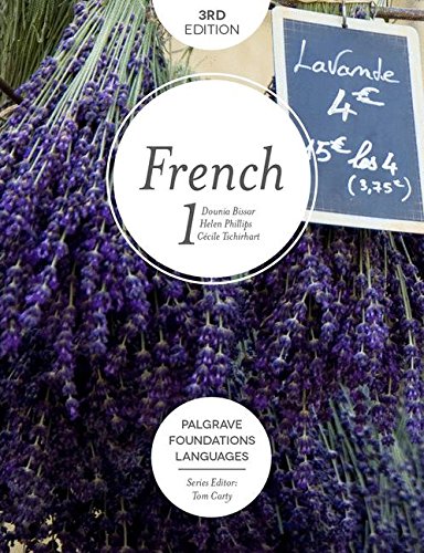 The image shows a textbook cover with lavender flowers and a chalkboard sign.