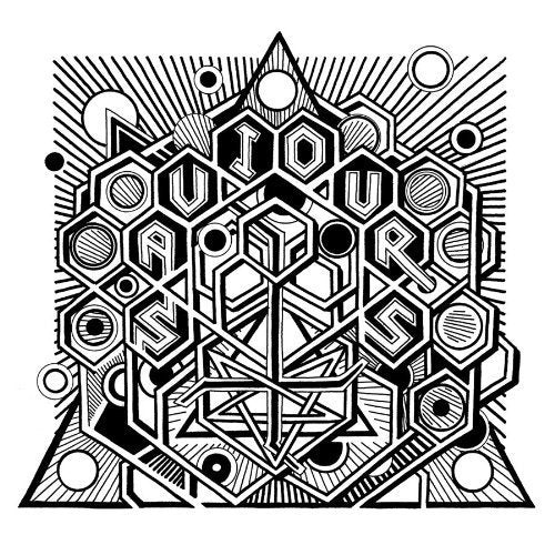 The image depicts a black-and-white album cover with geometric shapes and text. For accessibility purposes, a suitable alt text could be: "Black and white album cover with geometric shapes and 'Saviours' text."