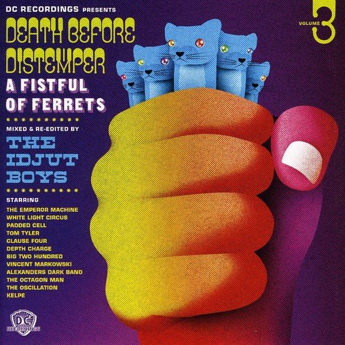 "Album cover with cartoon fist, blue cats, and multicolored background, featuring artist and track list."