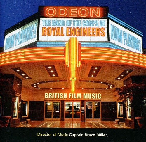 "Album cover featuring a brightly lit movie theater with 'British Film Music' sign."