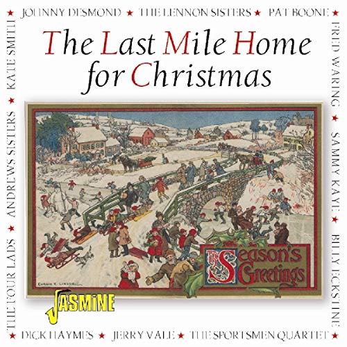 "Christmas album cover featuring a snowy village scene with people and sleighs."