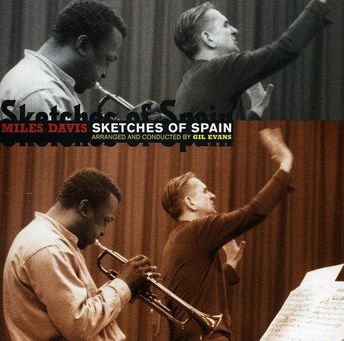 "CD cover featuring Miles Davis playing trumpet with a conductor, in black and sepia tones."