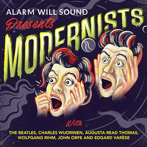 "CD cover with cartoon faces and text 'Alarm Will Sound Presents Modernists' on dark background."
