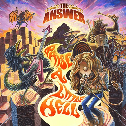 "Album cover art featuring fantastical creatures and a blonde musician playing guitar."