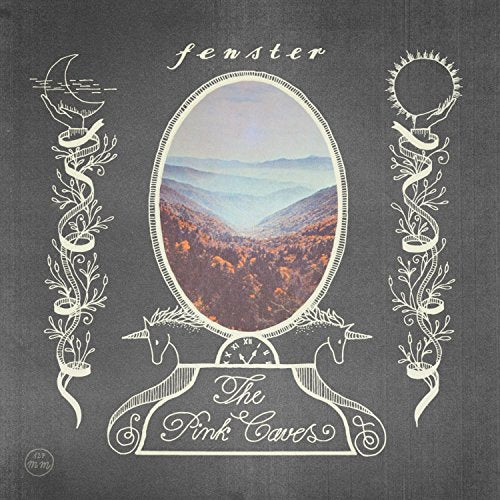 "Album cover with gray background, white illustrations, and a central oval landscape image."