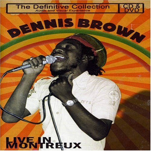 "Dennis Brown singing into a microphone, wearing a hat, against an orange sunburst background."