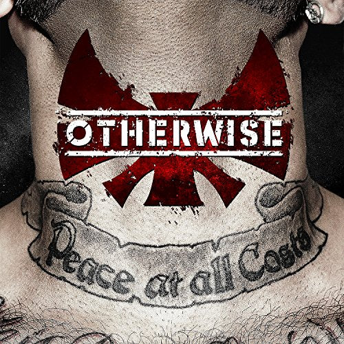 Man's neck and chest with a red symbol and "Otherwise" and "Peace at all Costs" tattoos.