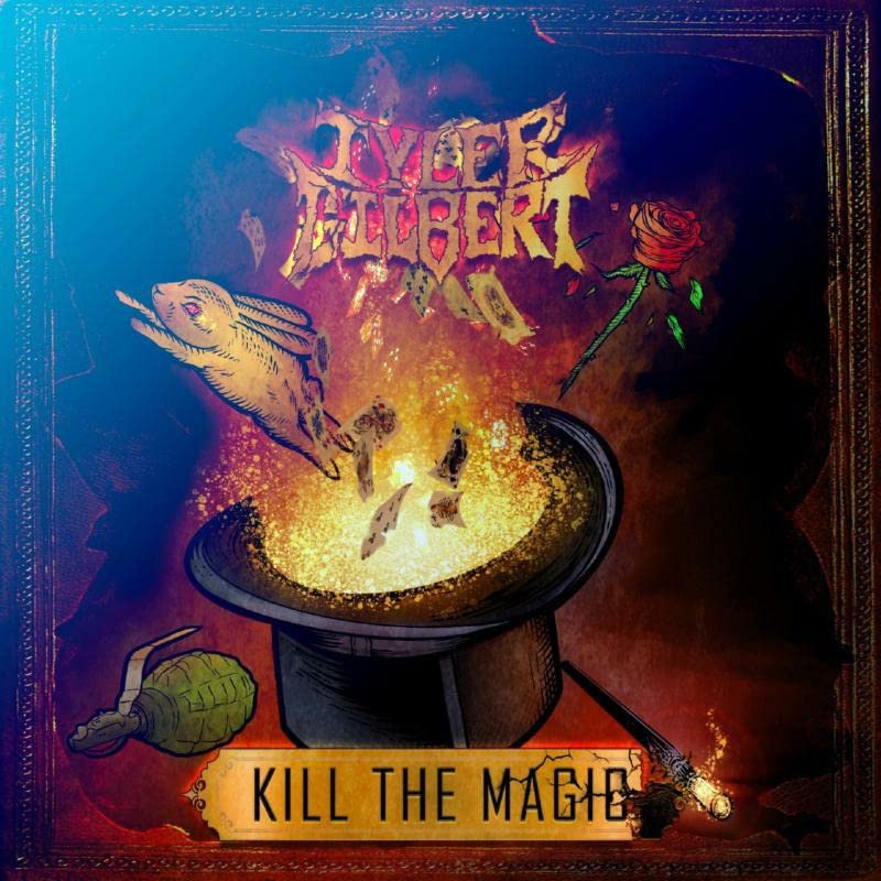 CD cover: illustrated magic show with a fish, grenade, and hat.