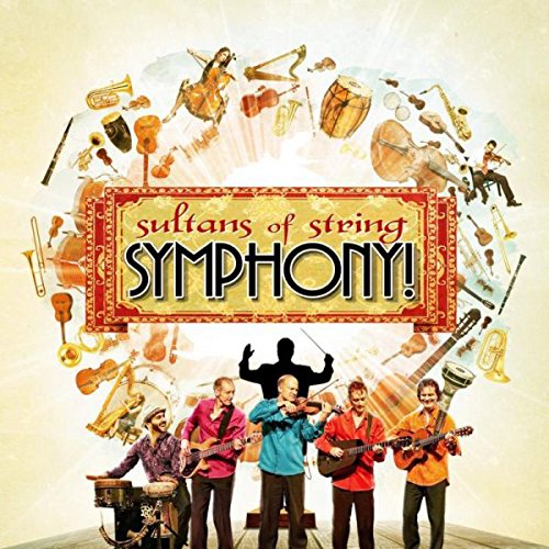 "Sultans of String album cover featuring five musicians surrounded by various musical instruments."