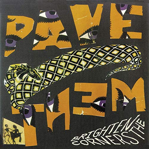 Album cover with a snake over yellow letters containing purple eyes on black background.