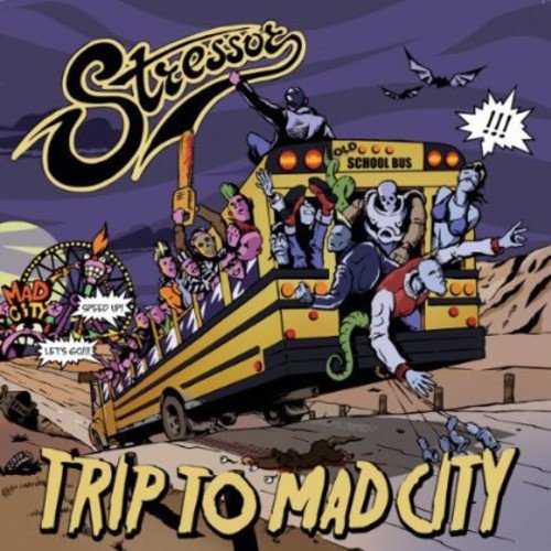CD cover: cartoon zombies ride a school bus toward a city.