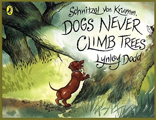 "Children's book cover featuring a brown dog attempting to climb a large tree."