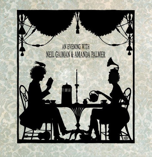 Silhouette of two people at a table, with text "An Evening With Neil Gaiman & Amanda Palmer".