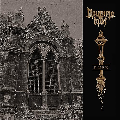 CD cover: Gothic mausoleum with ornate text "Mourning Mist - Amen".