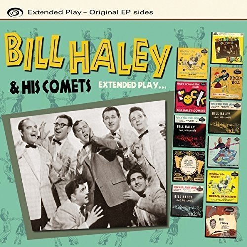 "CD cover with Bill Haley and his Comets, black-and-white photo, on a green background."