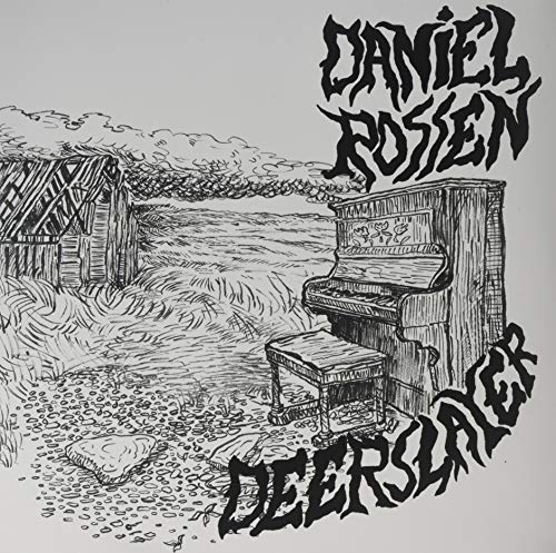 Black and white sketch of a piano in a field, album cover art.