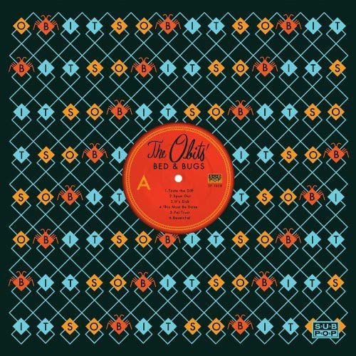 "Red vinyl record with orange and blue patterned cover, featuring bug designs and 'The Obits' title."