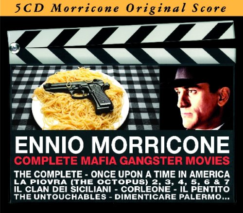 "CD case with film clapboard and tracklist for Ennio Morricone's mafia movie soundtracks."