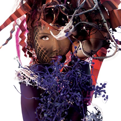 Portrait of a person with patterned face and abstract floral elements.