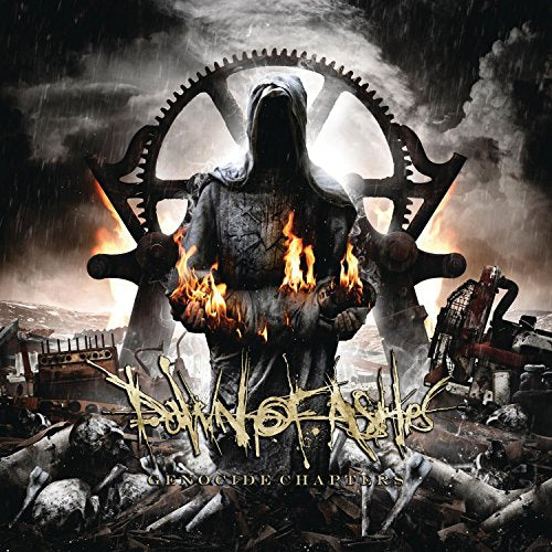 "Album cover art: hooded figure amidst destruction, with burning hands and industrial backdrop."