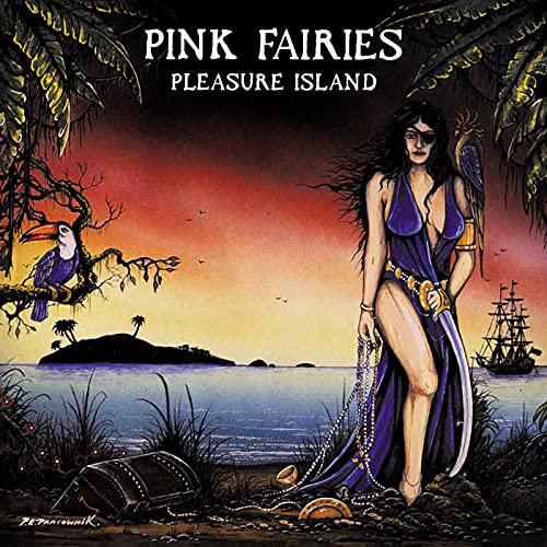 Album cover for Pink Fairies’ “Pleasure Island” featuring a woman and tropical scene.
