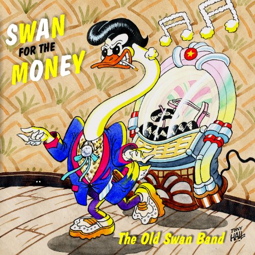 "Album cover featuring a cartoon swan in a suit playing a calliope organ."