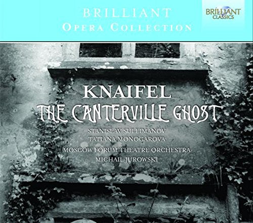 "CD cover with 'The Canterville Ghost' title, black and white image, blue banner."