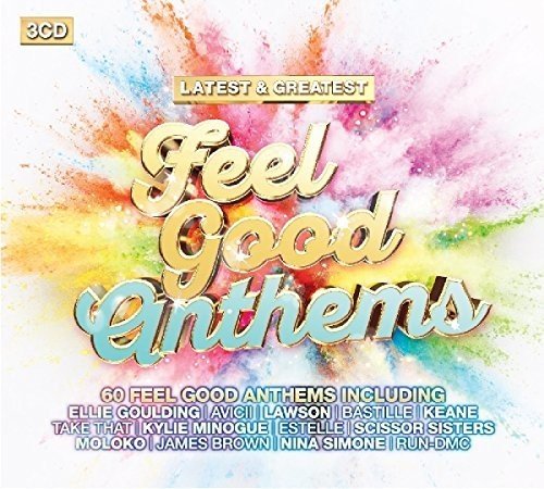 "CD cover with colorful paint splatters and 'Feel Good Anthems' in gold and blue text."