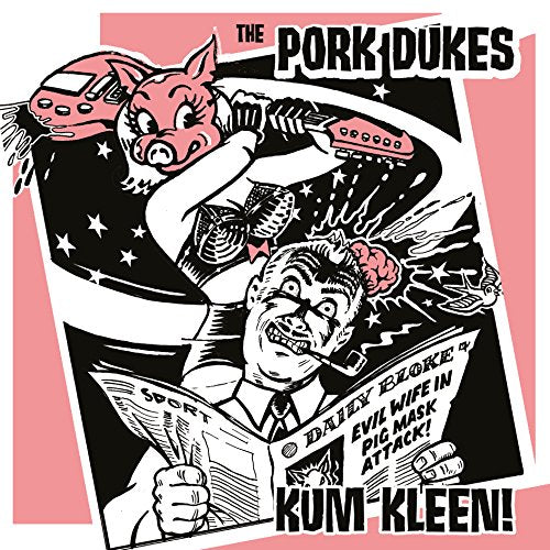 Cartoon of a pig boxing a man reading a newspaper, album cover.
