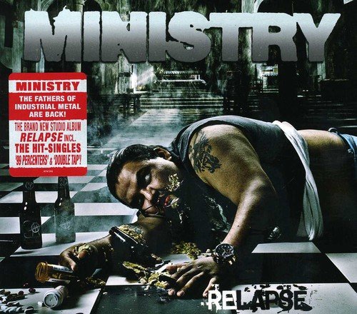 Ministry "Relapse" CD cover: man with tattoos, distressed scene, text overlay.
