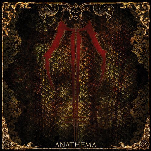"Album cover with red corset on dark, ornate background, titled 'Anathema'."