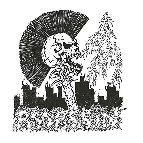 Black and white illustration of a skull with a mohawk and city skyline.