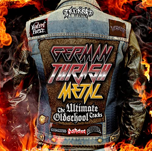 Vinyl record cover featuring a denim jacket with band patches and flames.