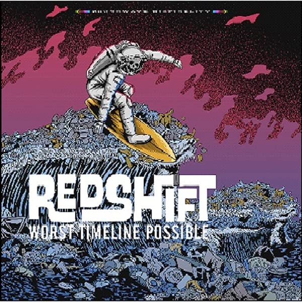 Pixel art album cover: astronaut surfing over a ruined cityscape.