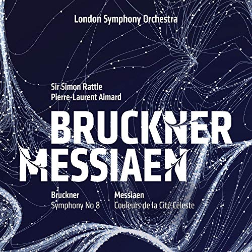 Blu-ray cover for Bruckner & Messiaen orchestral works, blue and white design.