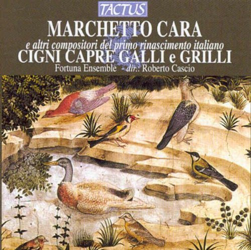 "CD cover with medieval painting of birds and plants, white text on green background."
