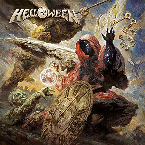 Helloween album cover: fantasy art with figures, a clock, and glowing orb.