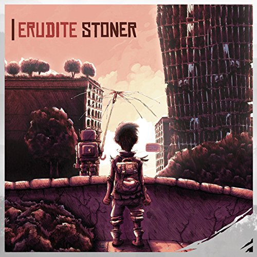 CD cover: boy with backpack looks at dystopian cityscape with robots.