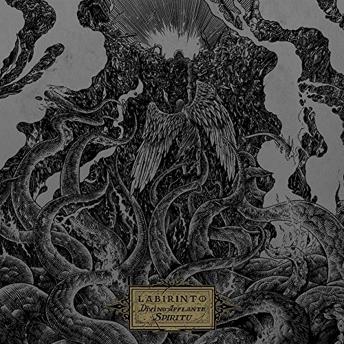 Intricate black and white illustration of a winged figure amidst twisting forms.