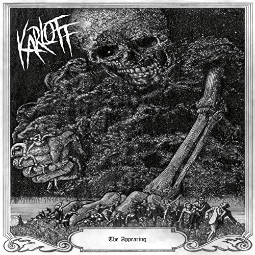 Engraved skull illustration dominates album cover for Karloff’s “The Appearing” vinyl.