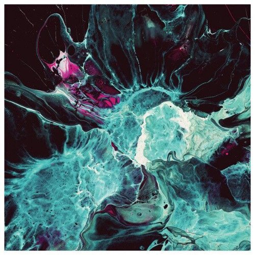 The image shows an abstract design with turquoise, pink, and black swirling patterns.