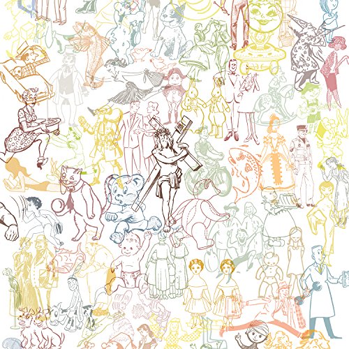 Detailed line drawing of numerous figures and objects in a crowded composition.