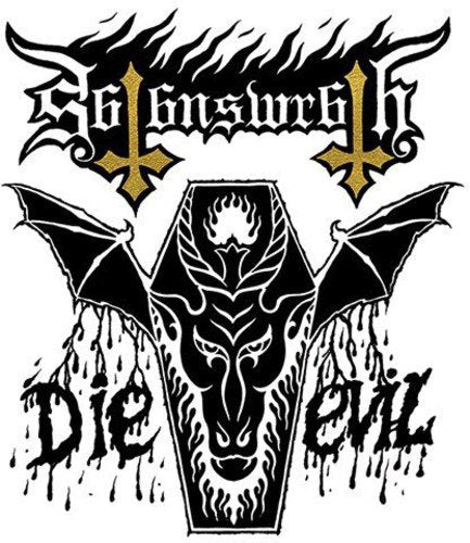 "Black coffin with bat wings and 'Die Evil' text, gothic artwork on white background."