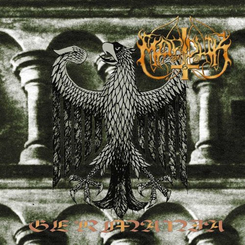 "Album cover with black background, gray text, and a black-and-white image of armored warriors."