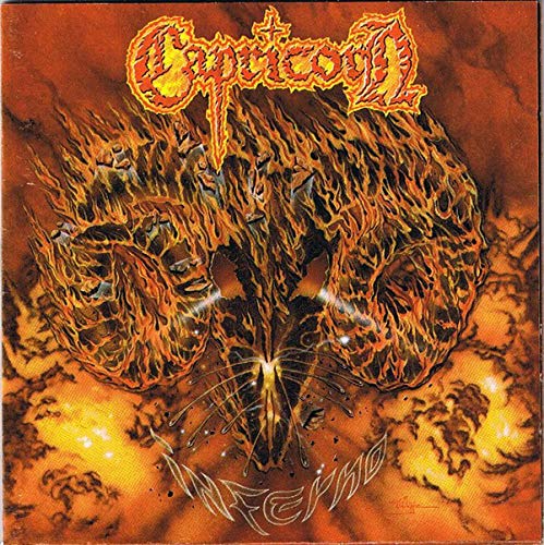 Fiery demonic face with horns, album cover for Capricorn - Inferno CD.