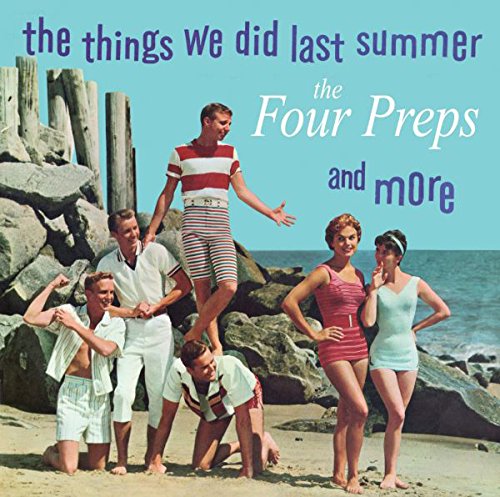 "CD cover featuring a 1960s-style photo of five men and two women on a beach."