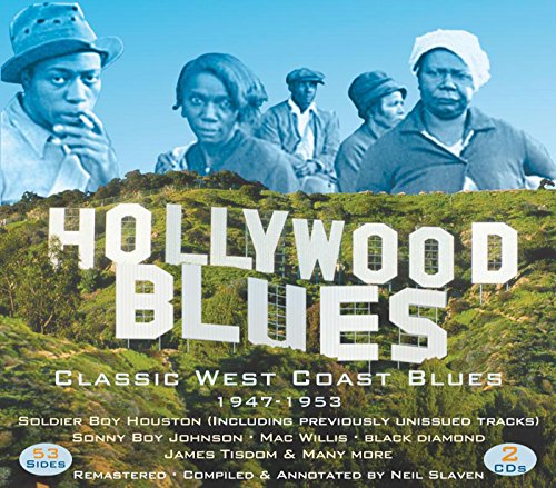 "CD cover with 'Hollywood Blues' title, musicians' portraits, and a hillside background."