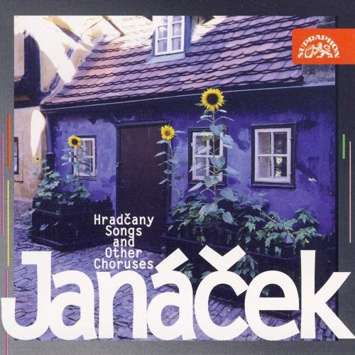 "Album cover with a blue cottage and sunflowers, titled 'Janácek'."