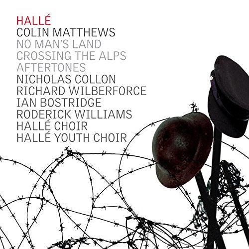 "Album cover with barbed wire, a helmet, and a bowler hat on a white background."